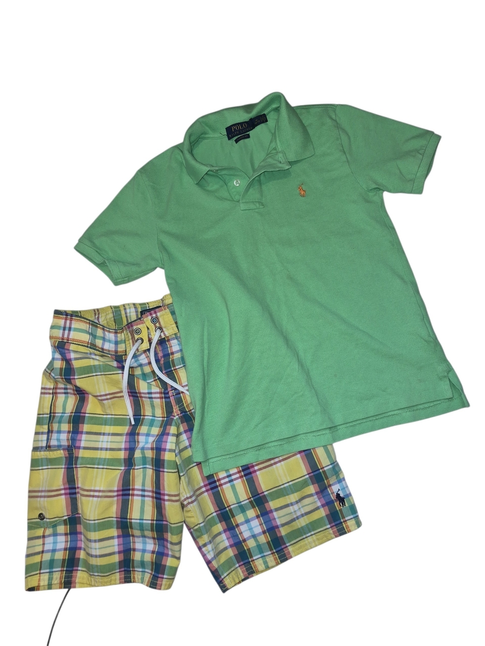 Polo Ralph Lauren Boys Green Polo Shirt with Yellow Plaid Swim Shorts